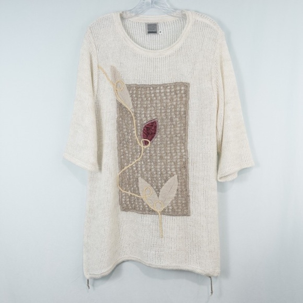 Taranis Linen Blend Knit 3/4 Sleeve Applique Tunic Womens EU XL Lagenlook Artsy
